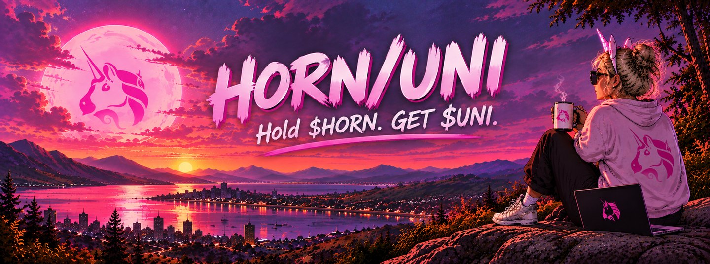 HORN/UNI — Hold $HORN. Get $UNI. A neon sunset over a bay, a unicorn moon in the sky, and a woman with a unicorn horn sitting on a rock with a laptop.