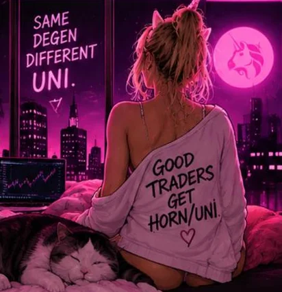 A woman in a sweatshirt reading GOOD TRADERS GET HORN/UNI, facing a night skyline. Caption: Same degen, different UNI.