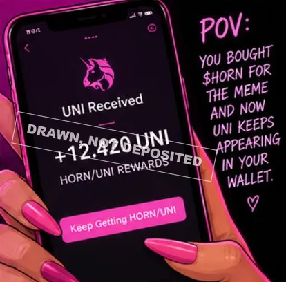 An illustration of a phone screen reading UNI Received, plus 12.420 UNI, overprinted with the words DRAWN, NOT DEPOSITED.
