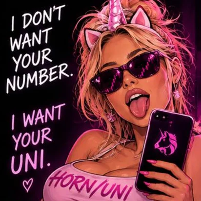A woman in a HORN/UNI top holding a phone. Caption: I don't want your number. I want your UNI.